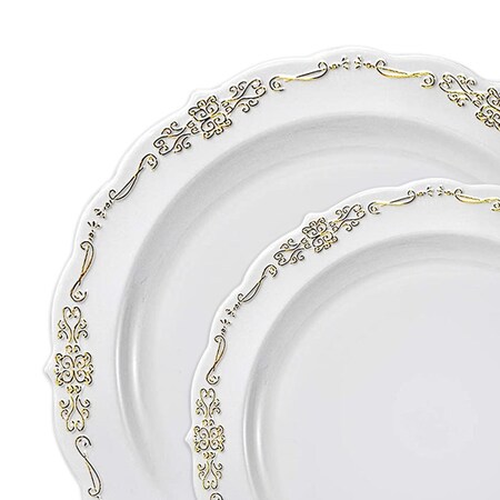 Smarty Had A Party White w/Gold Vintage Rim Round Plastic Dinnerware Set (120 Dinner Plates + 120 Salad Plates), 240PK 860GVP-CASE